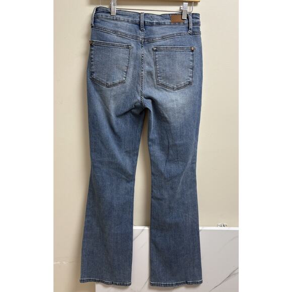 Judy Blue Bootcut Distressed Jeans Women’s Size 7/28 Blue Denim Plaid Patch - Picture 2 of 8